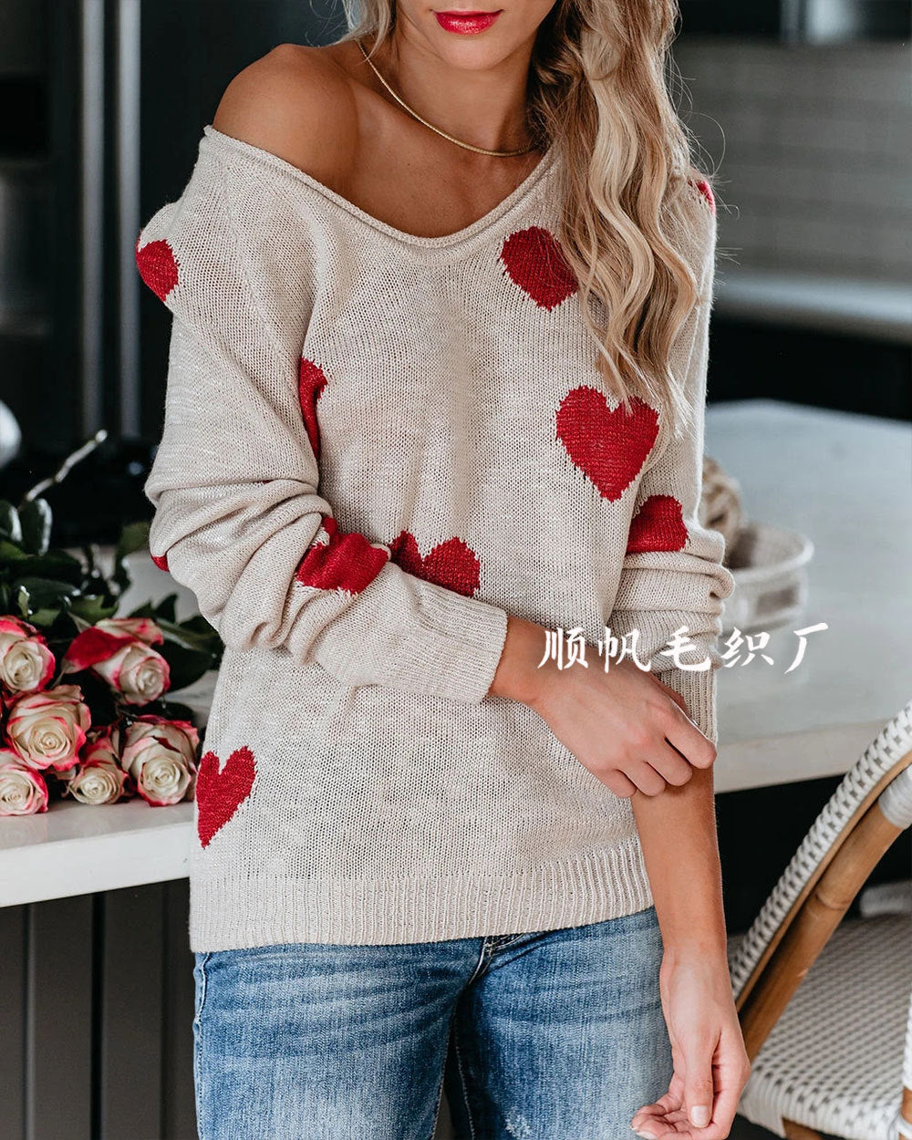 Soft Relaxed Women's Heart Sweater - V Neck, Knit, Everyday - Tophatter Daily Deals