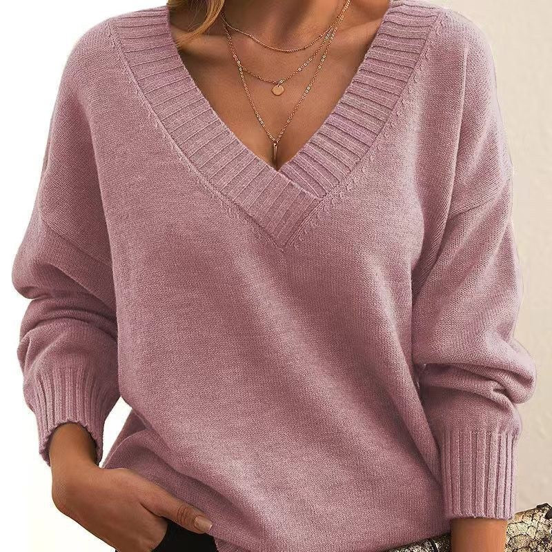 Soft Relaxed Women V-Neck Sweater - Ribbed Knit Layering Pink - Tophatter Daily Deals