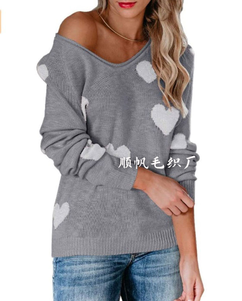 Soft Relaxed Women's Heart Sweater - V Neck, Knit, Everyday Gray - Tophatter Daily Deals