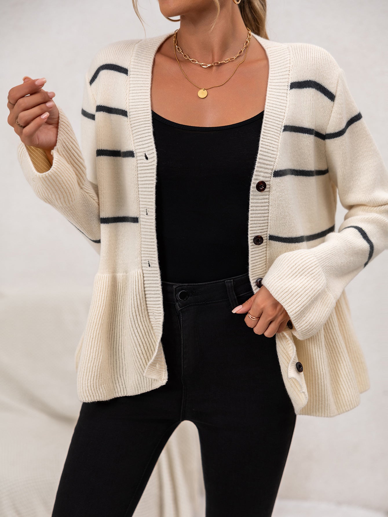 Soft Women’s Striped Cardigan - V Neck Buttoned, Knit, Fall - Tophatter Daily Deals