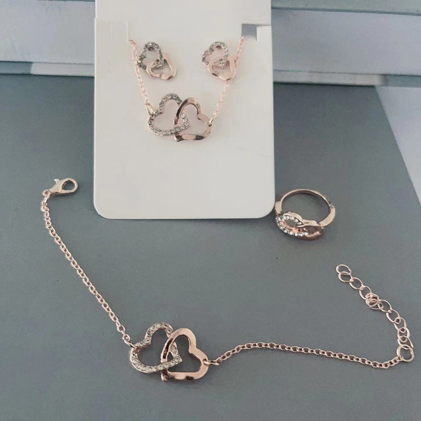 5PCS Fashion Butterfly Pendants Necklace Earrings Ring Bracelet Sets For Women Jewelry Set Bridal Wedding Jewelry Gift Double Heart Rose Gold 0 - Tophatter Daily Deals