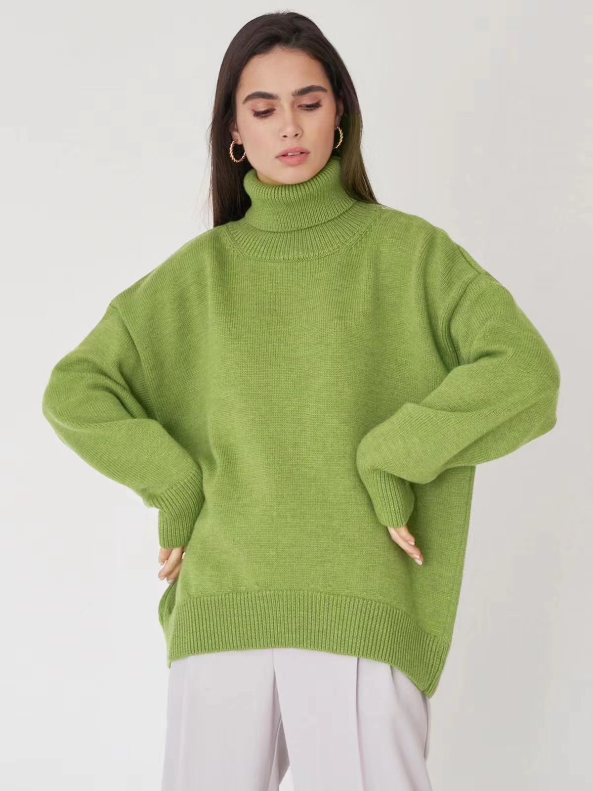 Oversized Cozy Women Turtleneck Sweater - Knit, For Winter Green One size - Tophatter Daily Deals
