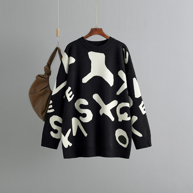 Oversized Cozy Women's Graphic Sweater - Crew Knit Winter Black - Tophatter Daily Deals