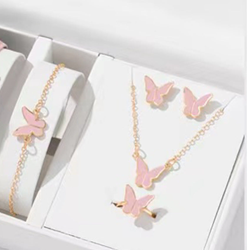 5PCS Fashion Butterfly Pendants Necklace Earrings Ring Bracelet Sets For Women Jewelry Set Bridal Wedding Jewelry Gift Pink Butterfly Suit 0 - Tophatter Daily Deals