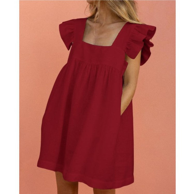 Square Neck Dress Ruffled Casual Lady Mini Dress Red wine Dress Dresses - Tophatter Daily Deals