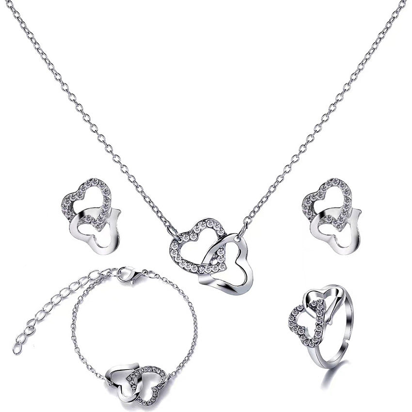 5PCS Fashion Butterfly Pendants Necklace Earrings Ring Bracelet Sets For Women Jewelry Set Bridal Wedding Jewelry Gift Double Love Silver 0 - Tophatter Daily Deals