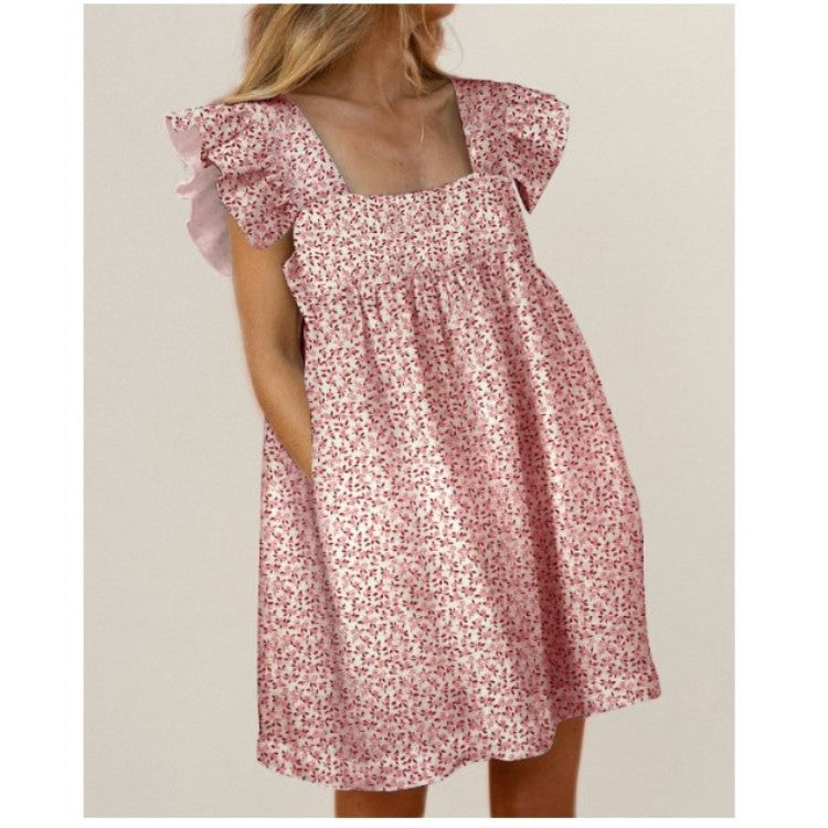 Square Neck Dress Ruffled Casual Lady Mini Dress Pink Dress Dresses - Tophatter Daily Deals