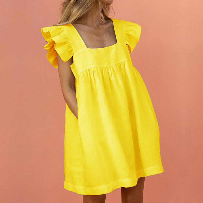 Square Neck Dress Ruffled Casual Lady Mini Dress Yellow Dress Dresses - Tophatter Daily Deals