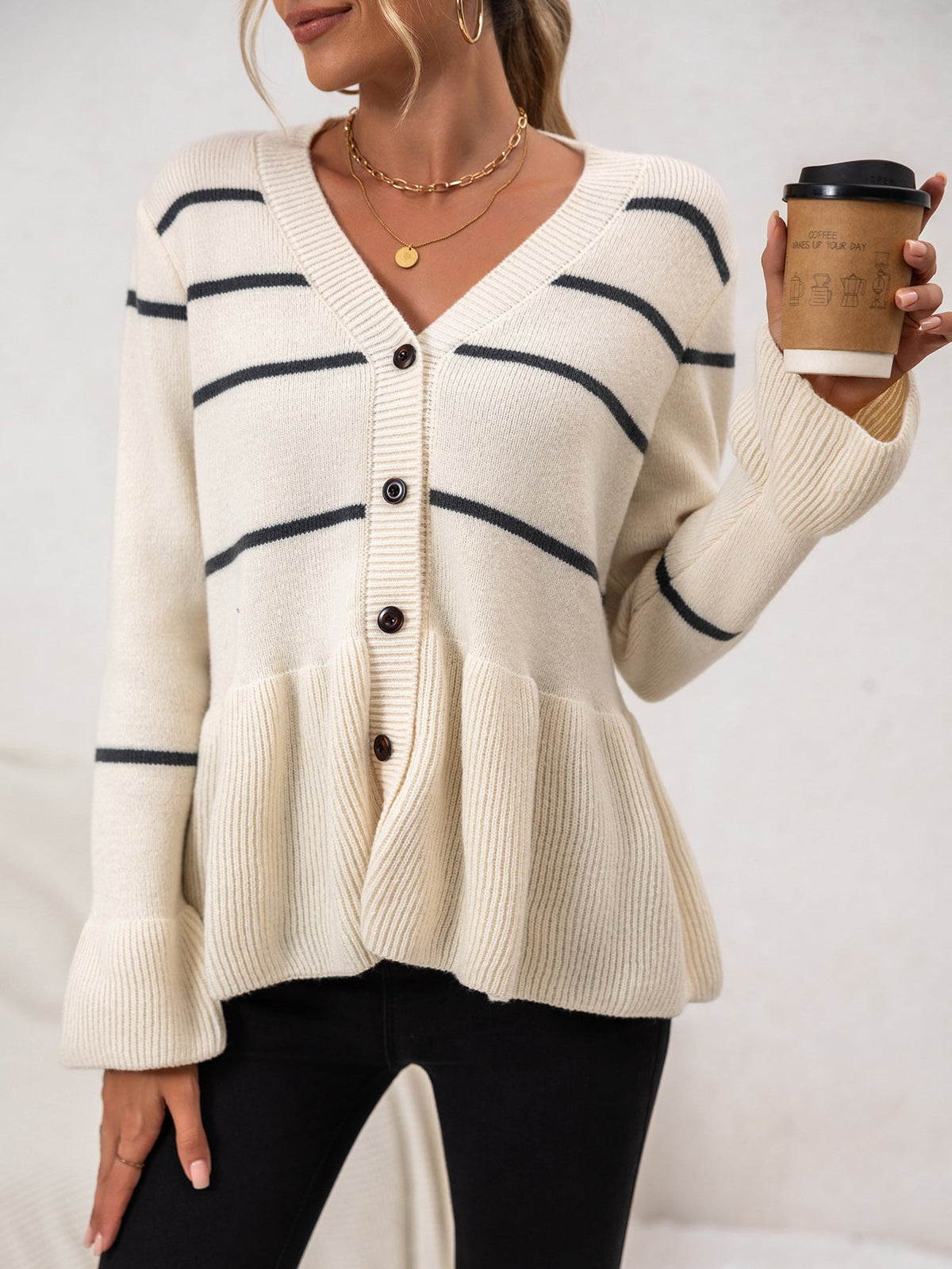 Soft Women’s Striped Cardigan - V Neck Buttoned, Knit, Fall White - Tophatter Daily Deals