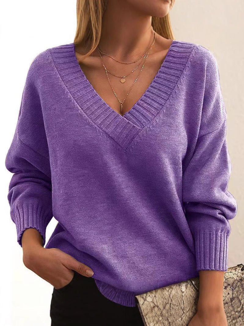 Soft Relaxed Women V-Neck Sweater - Ribbed Knit Layering Purple - Tophatter Daily Deals