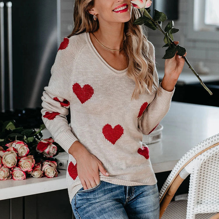 Soft Relaxed Women's Heart Sweater - V Neck, Knit, Everyday Beige - Tophatter Daily Deals