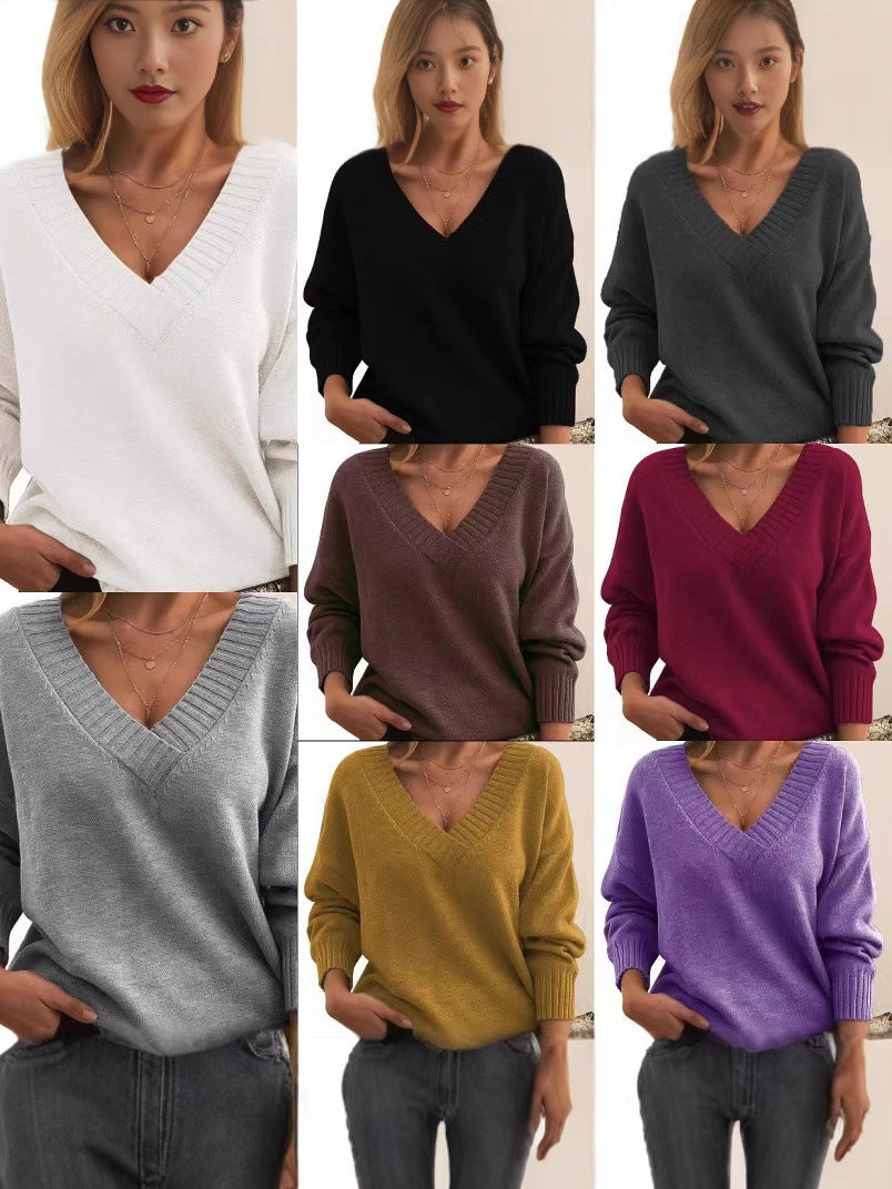 Soft Relaxed Women V-Neck Sweater - Ribbed Knit Layering - Tophatter Daily Deals