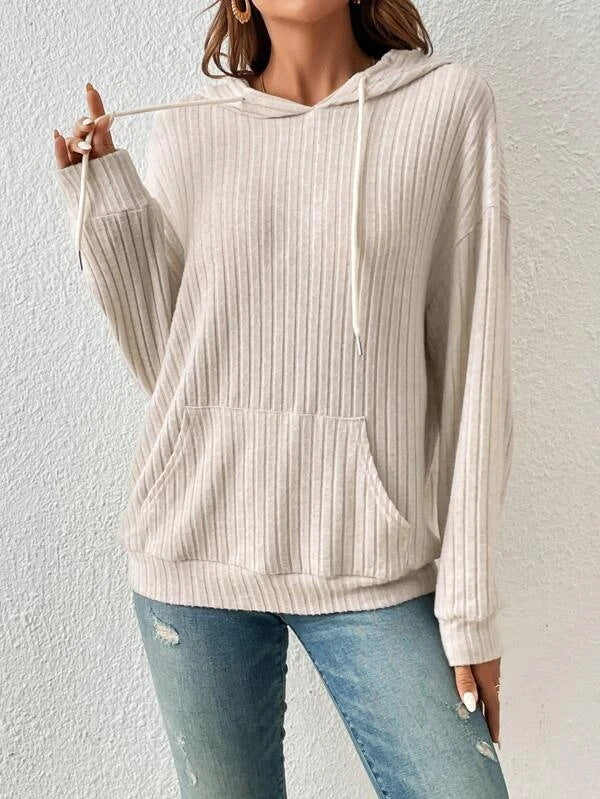 Soft Relaxed Women’s Hoodie - Ribbed Knit, Cotton, Casual Beige - Tophatter Daily Deals