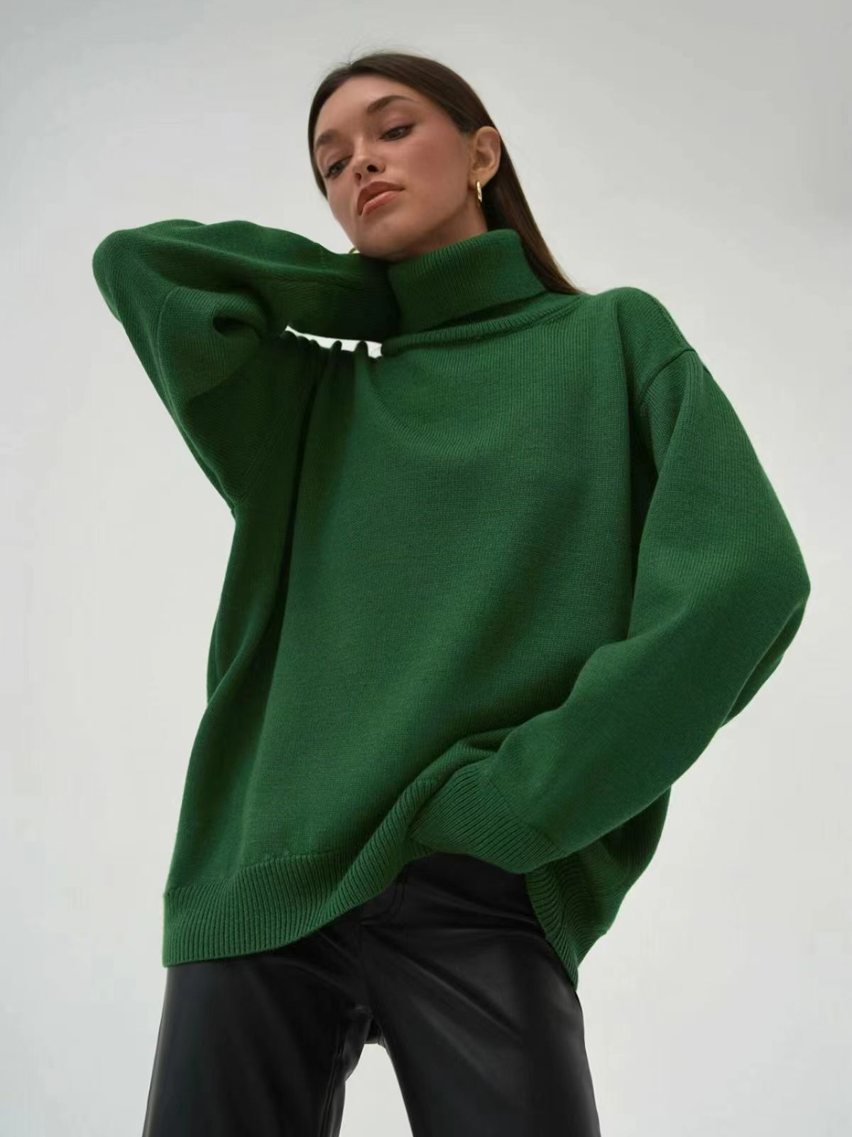 Oversized Cozy Women Turtleneck Sweater - Knit, For Winter Emerald Green One size - Tophatter Daily Deals