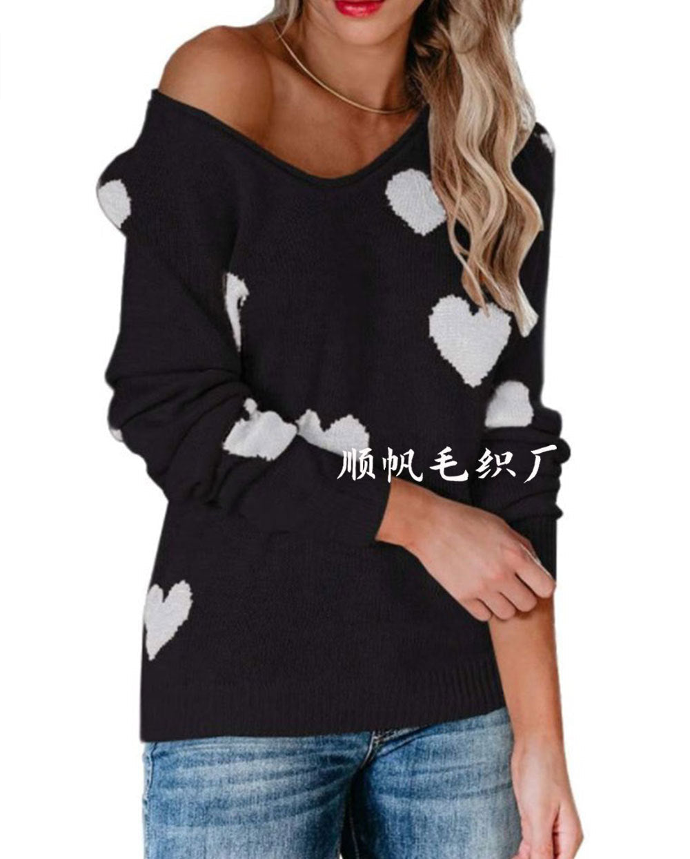 Soft Relaxed Women's Heart Sweater - V Neck, Knit, Everyday Black - Tophatter Daily Deals
