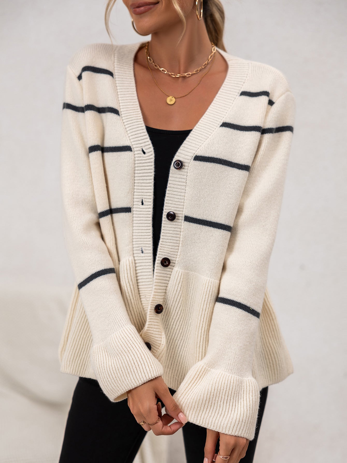 Soft Women’s Striped Cardigan - V Neck Buttoned, Knit, Fall - Tophatter Daily Deals
