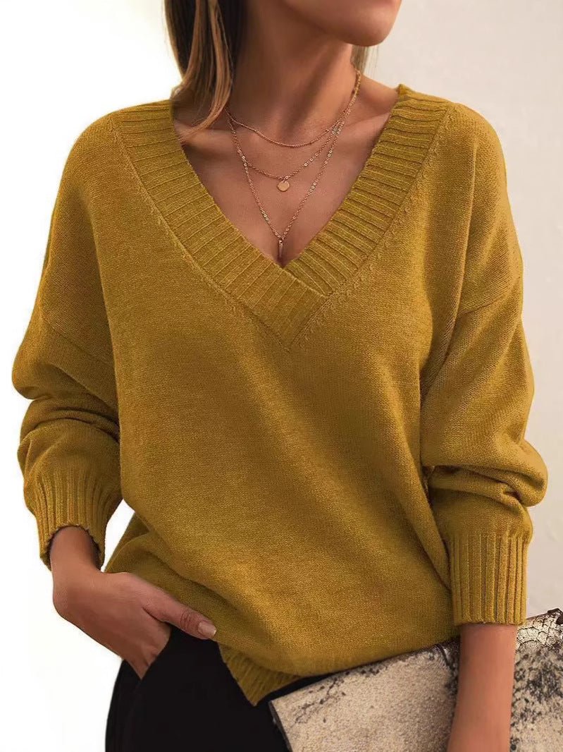 Soft Relaxed Women V-Neck Sweater - Ribbed Knit Layering - Tophatter Daily Deals