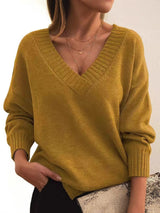 Soft Relaxed Women V-Neck Sweater - Ribbed Knit Layering - Tophatter Daily Deals