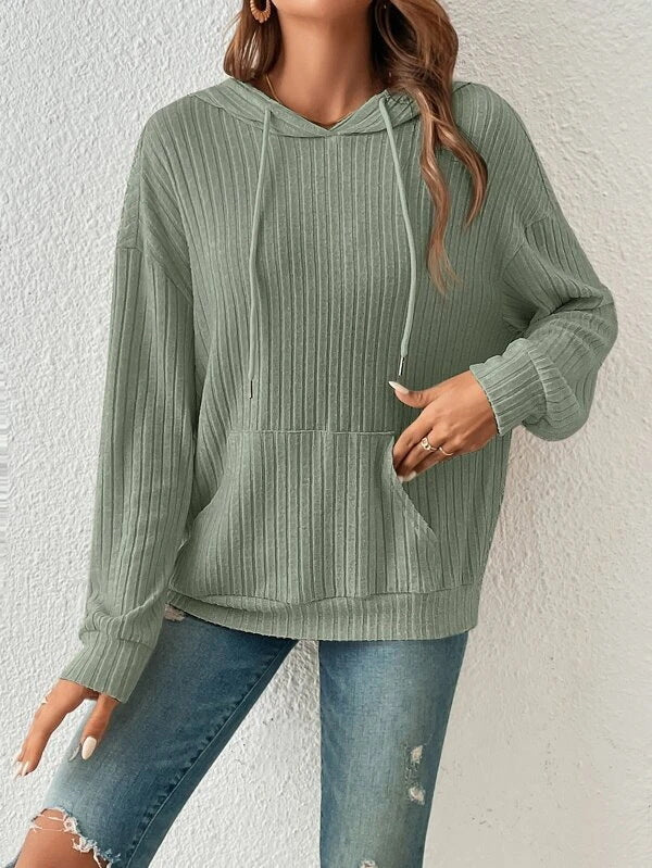 Soft Relaxed Women’s Hoodie - Ribbed Knit, Cotton, Casual Green - Tophatter Daily Deals