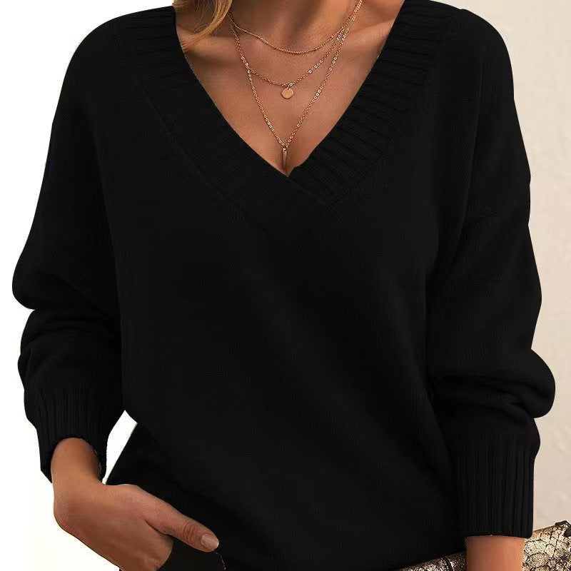 Soft Relaxed Women V-Neck Sweater - Ribbed Knit Layering Black - Tophatter Daily Deals