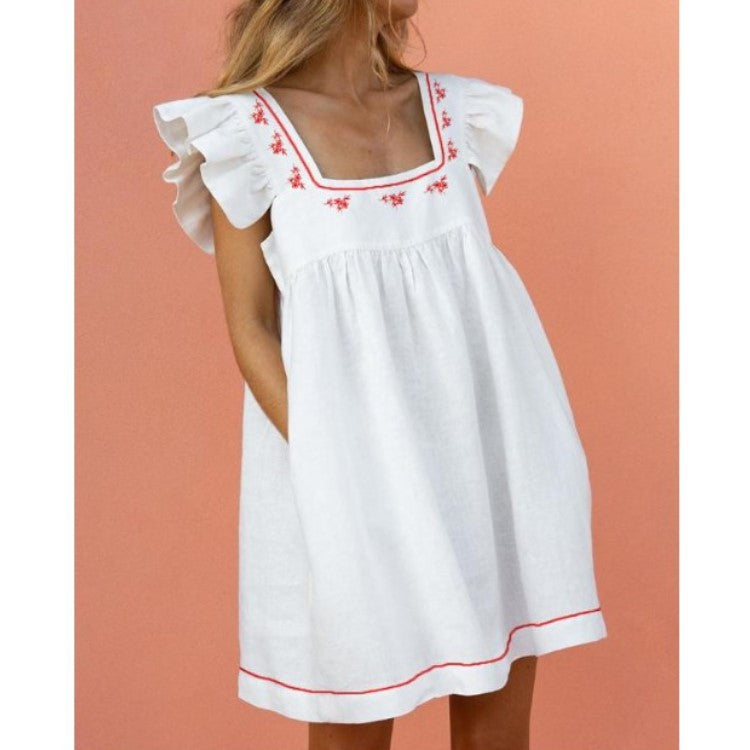 Square Neck Dress Ruffled Casual Lady Mini Dress Pure white printing Dresses - Tophatter Daily Deals