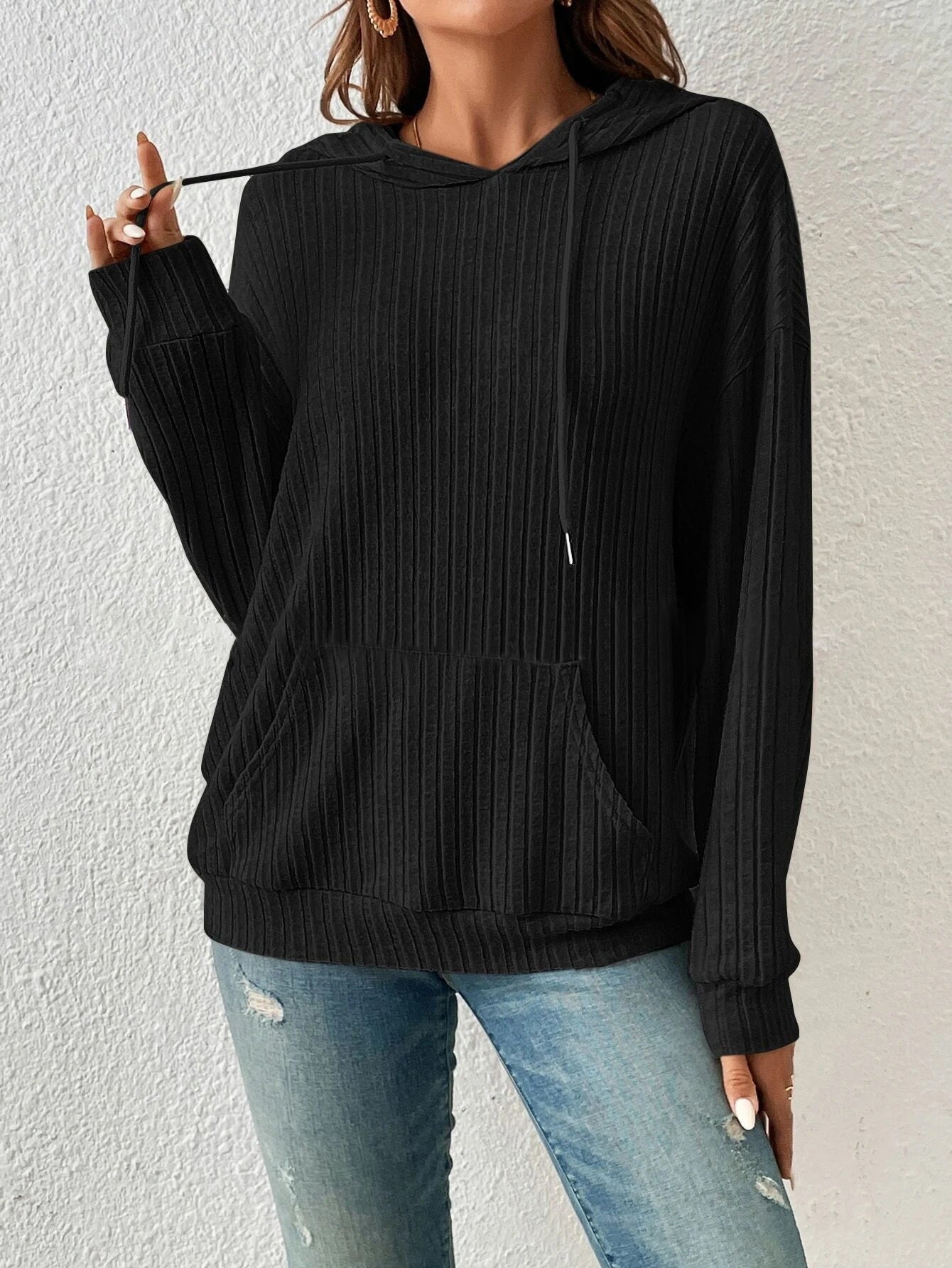 Soft Relaxed Women’s Hoodie - Ribbed Knit, Cotton, Casual Black - Tophatter Daily Deals
