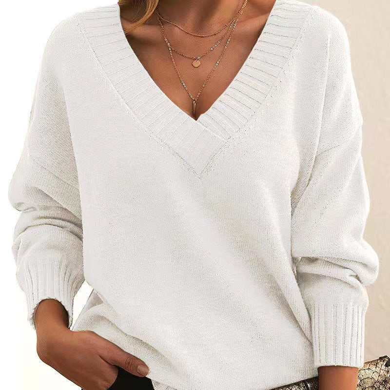Soft Relaxed Women V-Neck Sweater - Ribbed Knit Layering White - Tophatter Daily Deals
