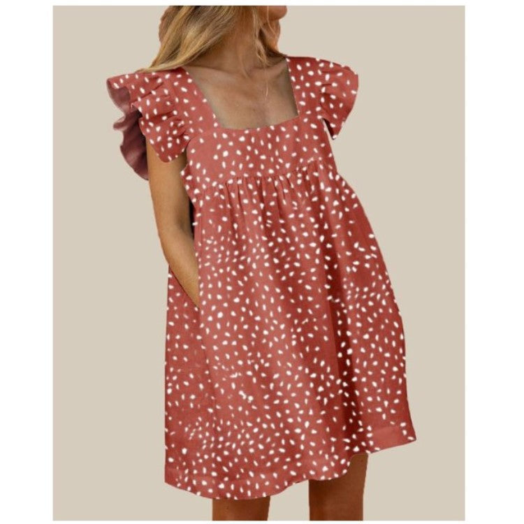 Square Neck Dress Ruffled Casual Lady Mini Dress Red print Dresses - Tophatter Daily Deals