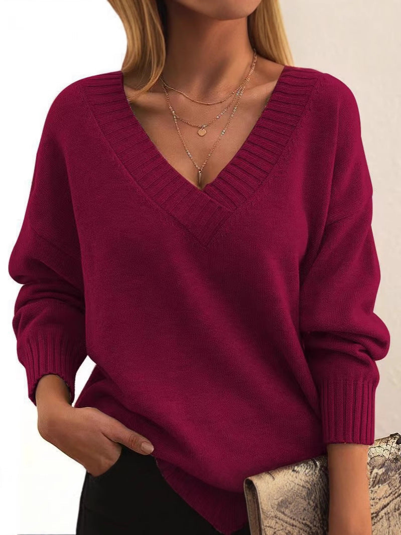 Soft Relaxed Women V-Neck Sweater - Ribbed Knit Layering Dark Red - Tophatter Daily Deals