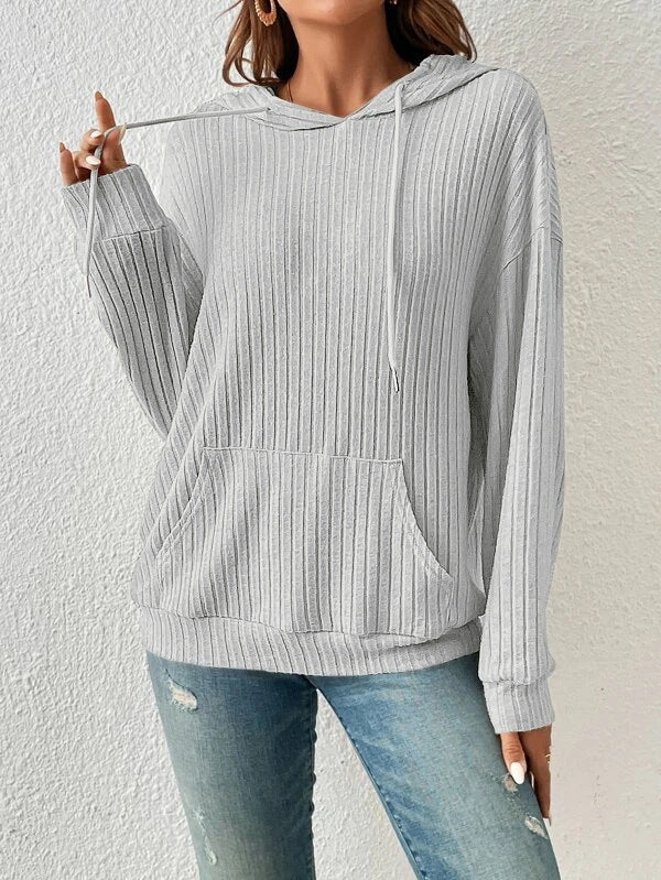 Soft Relaxed Women’s Hoodie - Ribbed Knit, Cotton, Casual Light Gary - Tophatter Daily Deals