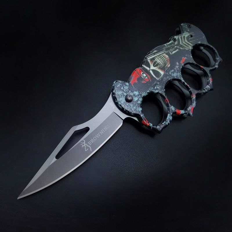New Skull Printed Knuckle Folding Knife Skull 3 - Tophatter Daily Deals