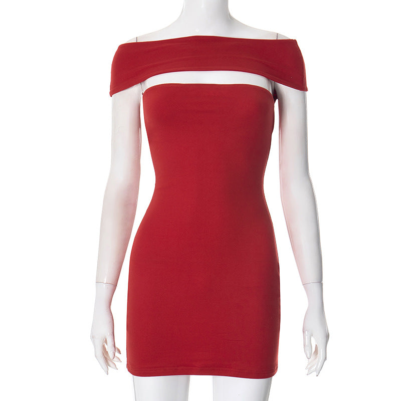 American Hot Girl Style Off-shoulder Hollow Sexy Slim Fit Slimming Sheath Dress Red 0 - Tophatter Daily Deals