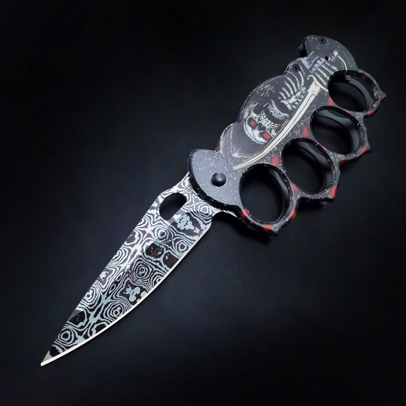 New Skull Printed Knuckle Folding Knife Skull 4 - Tophatter Daily Deals