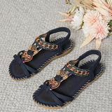 Bohemian Thong Sandals Summer Fashion Flowers Flat Beach Shoes For Women Navy Blue 0 - Tophatter Daily Deals