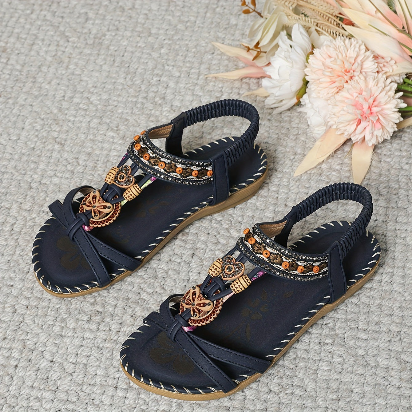 Bohemian Thong Sandals Summer Fashion Flowers Flat Beach Shoes For Women Navy Blue 0 - Tophatter Daily Deals