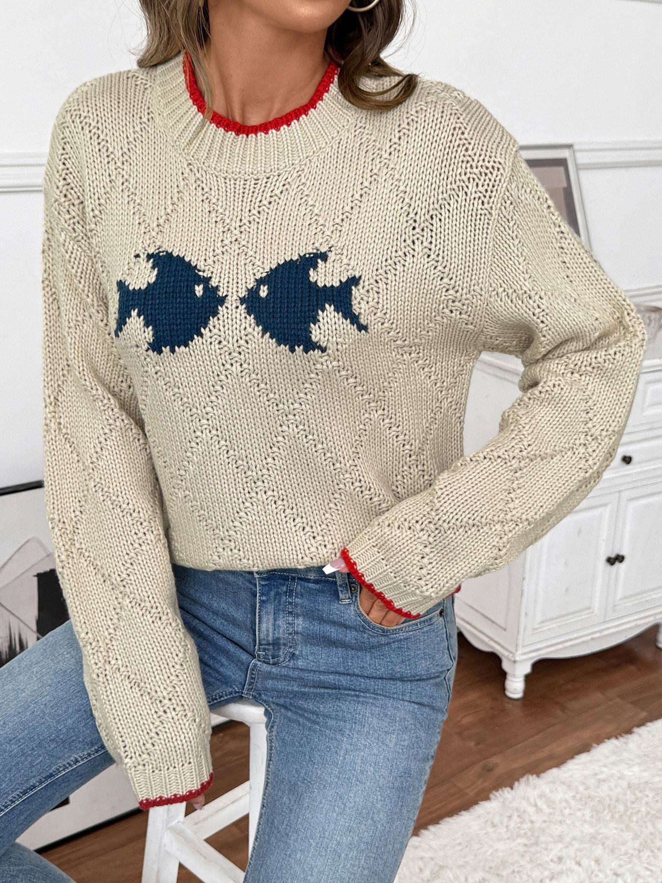Soft Women's Fish Sweater - Crewneck Knit, Cotton Blend - Tophatter Daily Deals