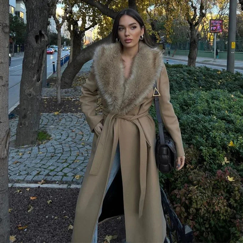 Warm Flattering Women Long Coat- Turn Down Collar, Polyester Khaki 3D Changing Face Moving Picture Frame - Tophatter Daily Deals