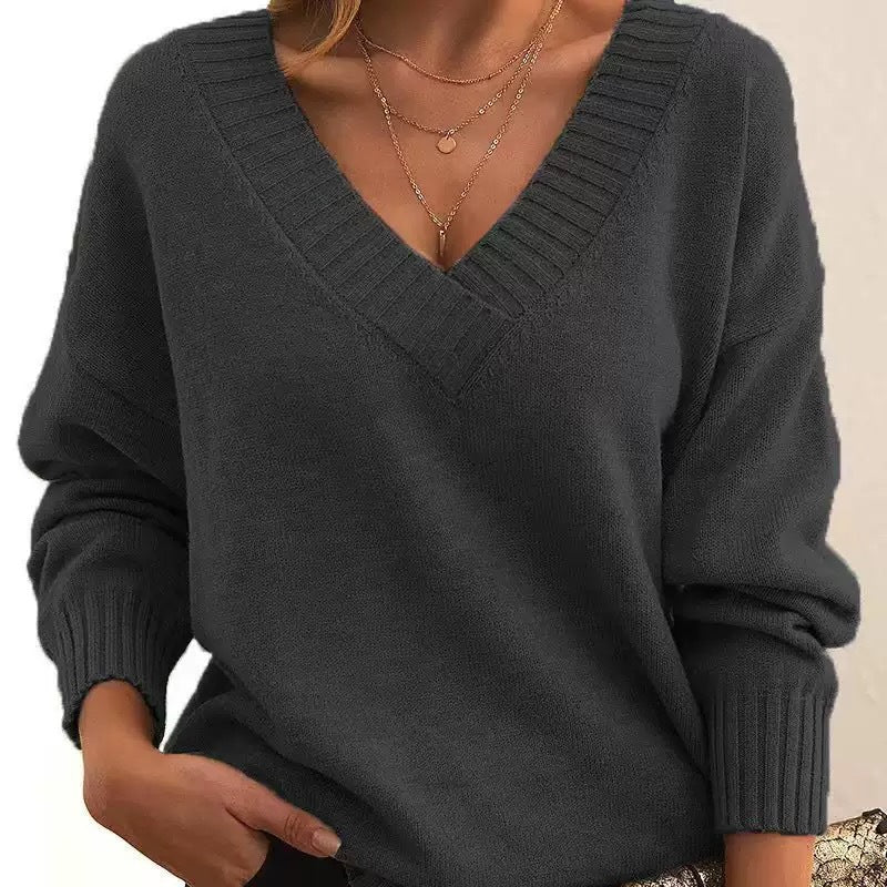 Soft Relaxed Women V-Neck Sweater - Ribbed Knit Layering Dark Gray - Tophatter Daily Deals