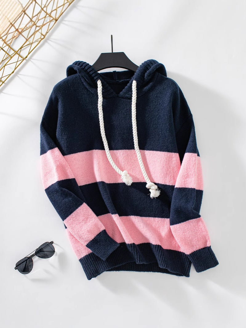 Soft Relaxed Women Hoodie - Color Block Knit, Casual Navy Blue - Tophatter Daily Deals