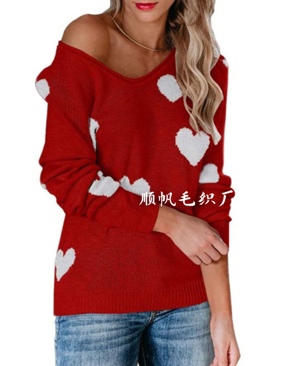 Soft Relaxed Women's Heart Sweater - V Neck, Knit, Everyday Red - Tophatter Daily Deals