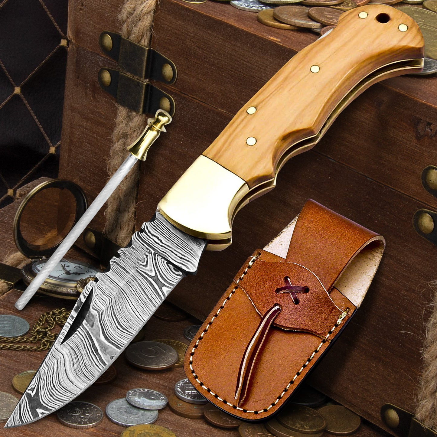 6.5′ Handmade Damascus Steel Pocket Knife with Leather Sheath - Tophatter Daily Deals