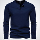 Lightweight Mens Long Sleeve Henley - Fitted Cotton, Casual Navy blue - Tophatter Daily Deals