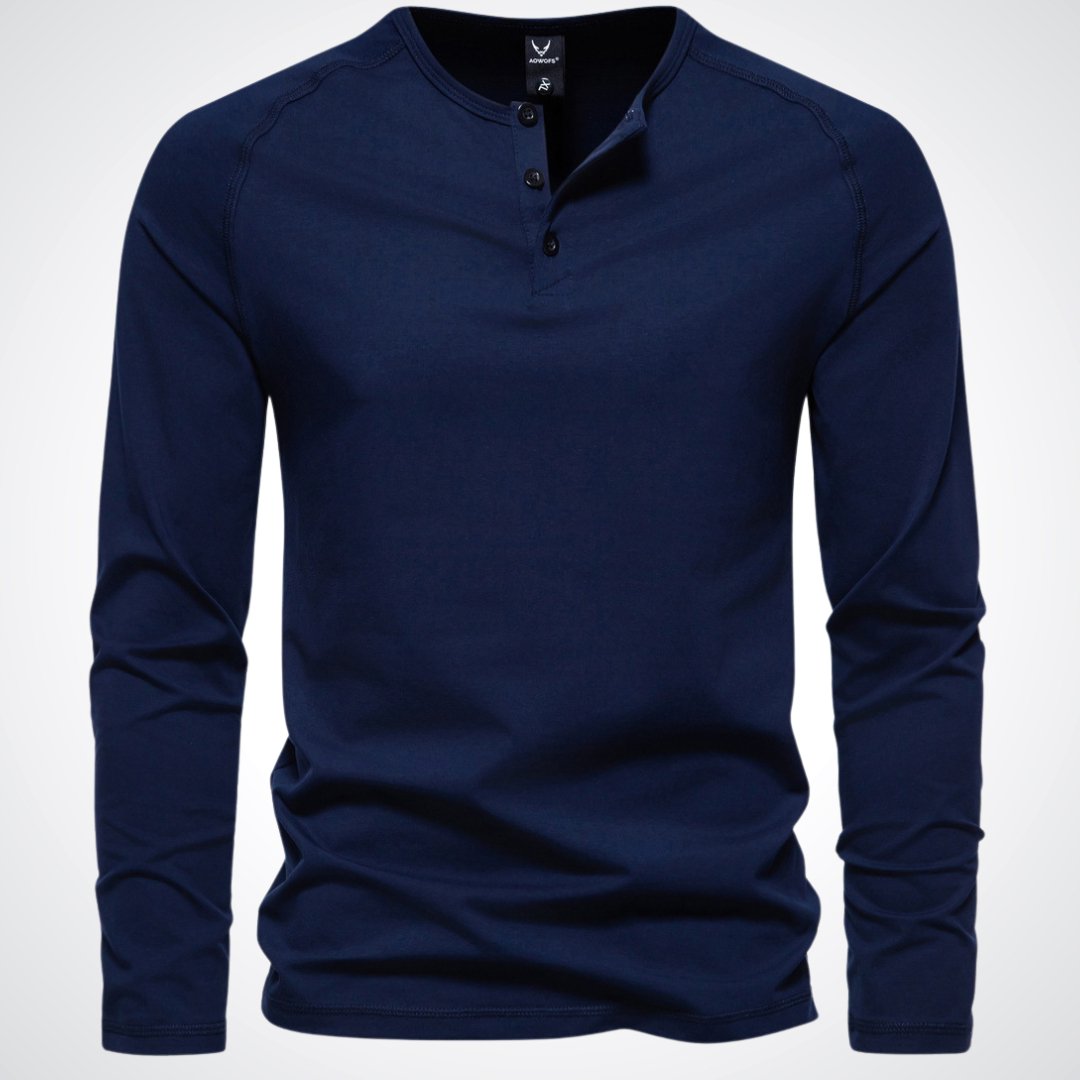 Lightweight Mens Long Sleeve Henley - Fitted Cotton, Casual Navy blue - Tophatter Daily Deals