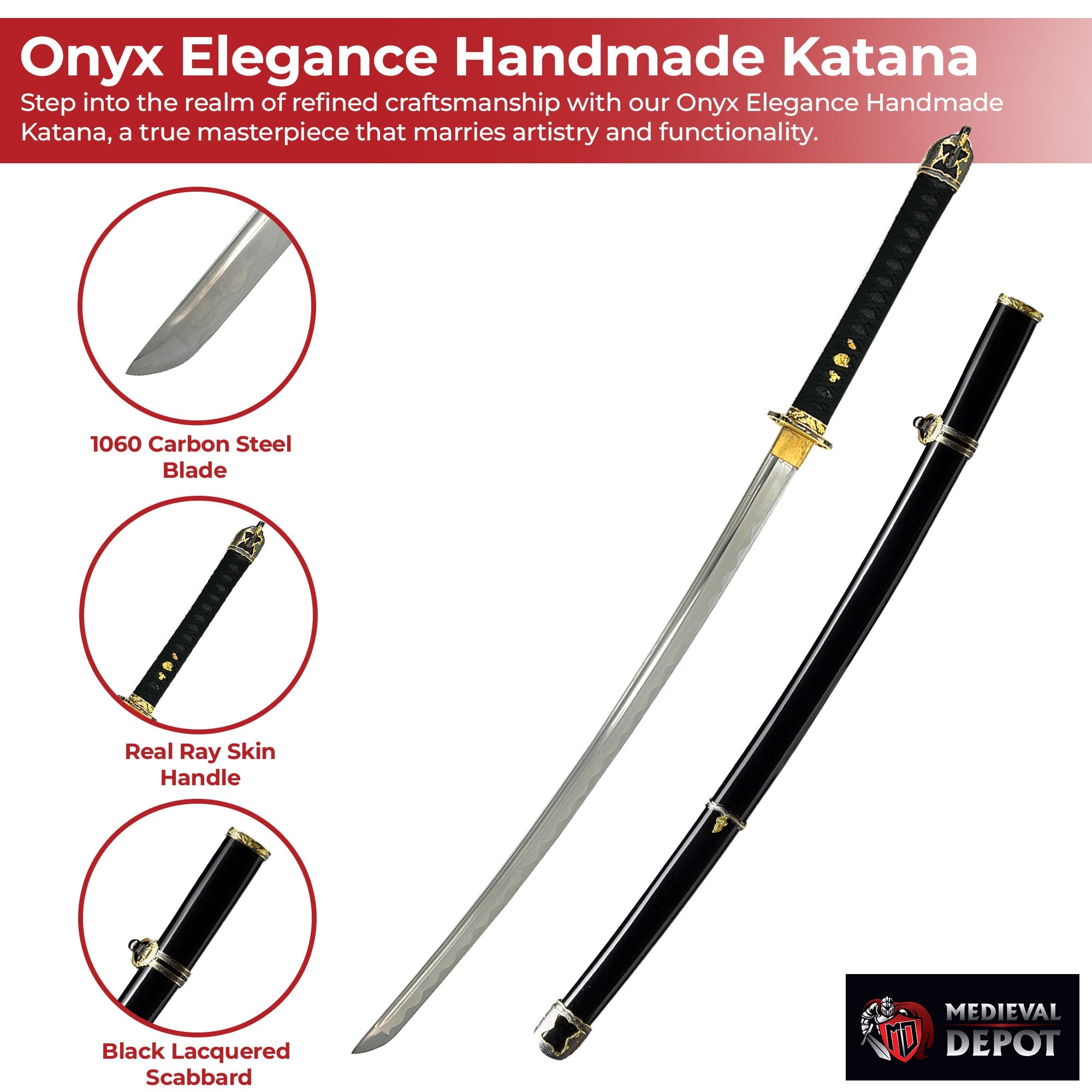Onyx Elegance Handmade Katana A Symphony of Black and Gold Mastery Swords - Tophatter Daily Deals