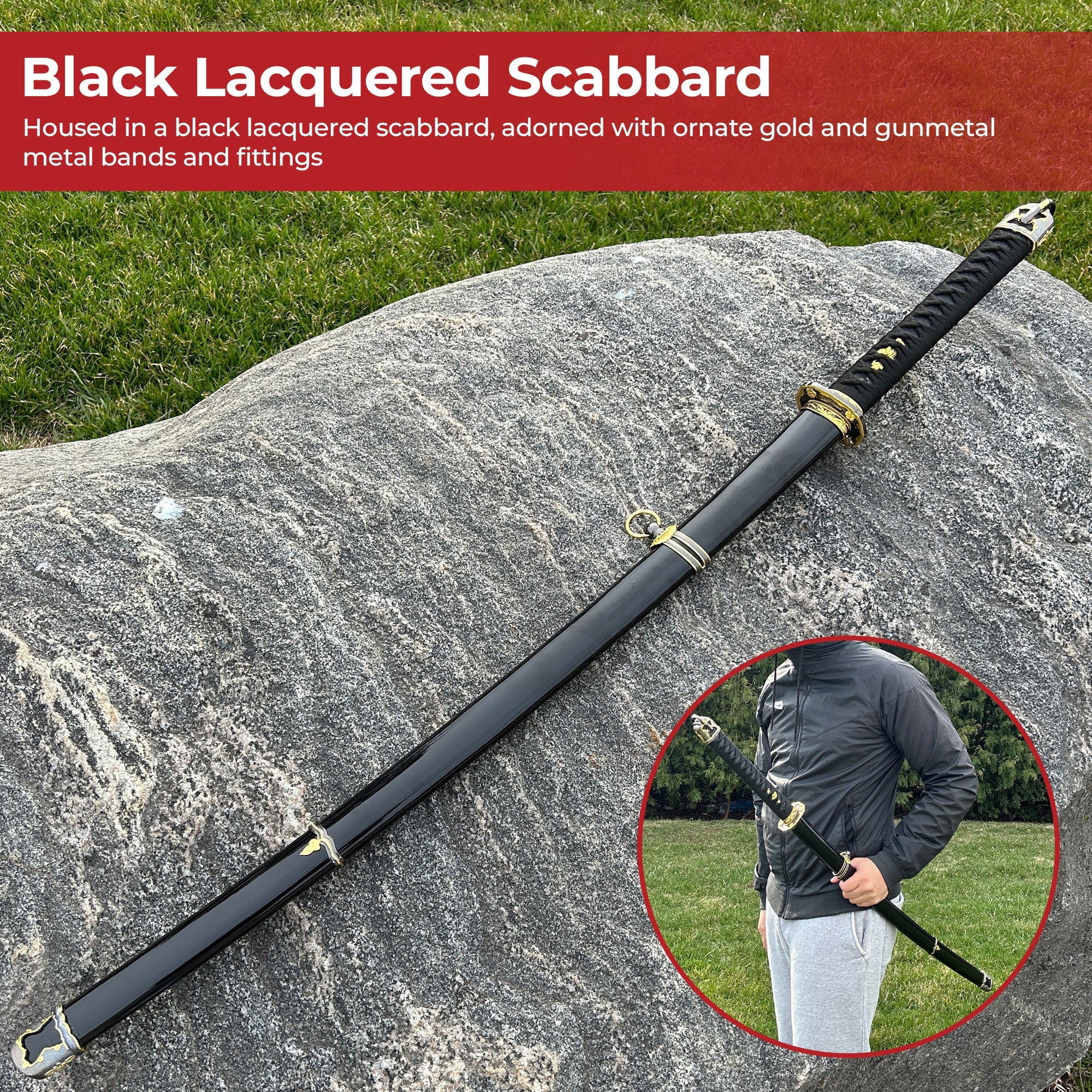 Onyx Elegance Handmade Katana A Symphony of Black and Gold Mastery Swords - Tophatter Daily Deals