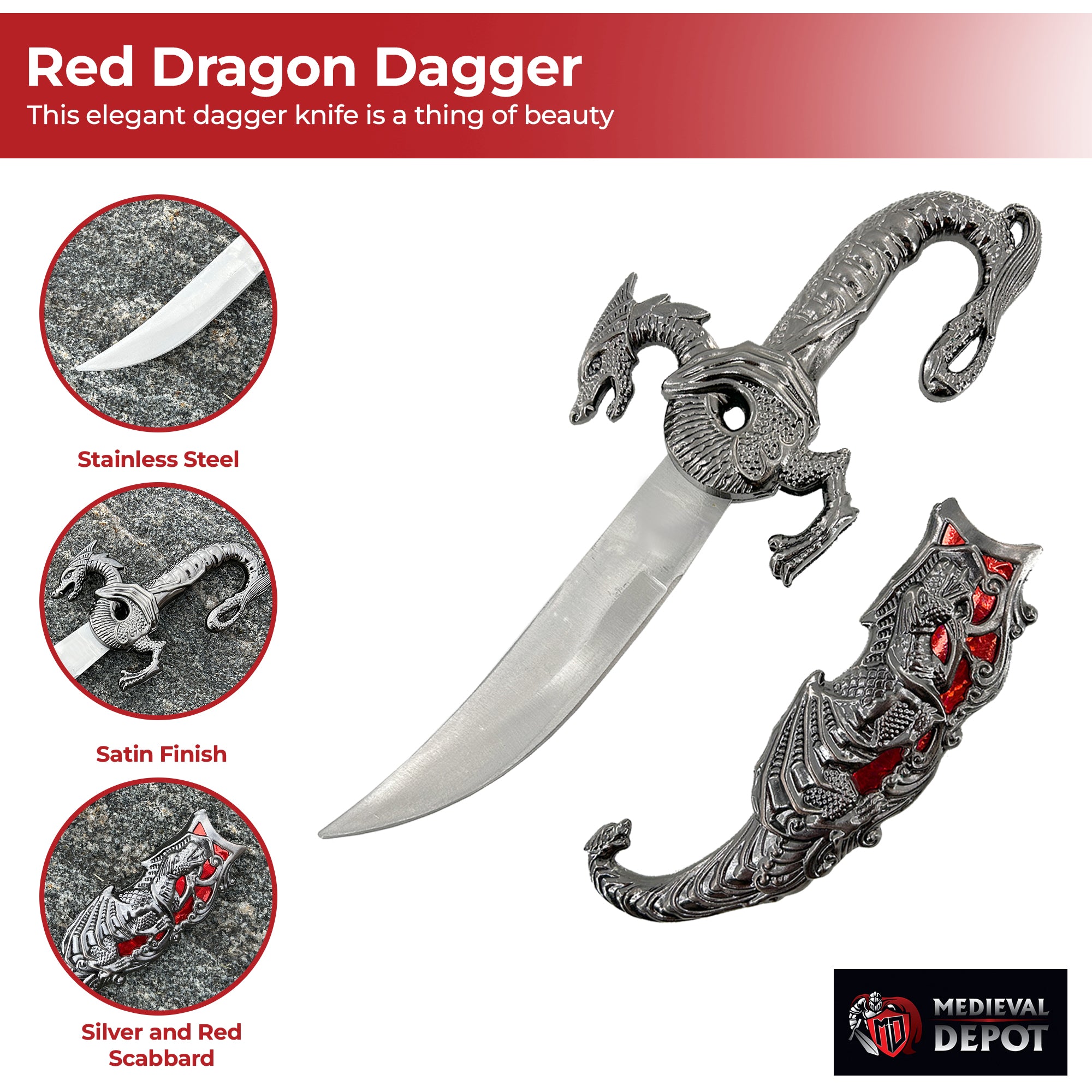 Ornate Red Dragon Decorative Fantasy Dagger Knife Dagger - Tophatter Daily Deals