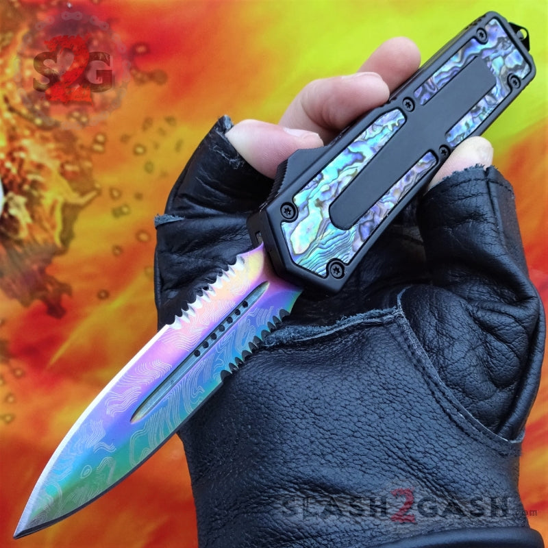 Black Scarab D/A OTF Knife Rainbow Damascus 440c w/ Abalone - Serrated Double Edge Serrated Knife-OTF - Tophatter Daily Deals