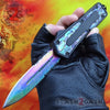 Black Scarab D/A OTF Knife Rainbow Damascus 440c w/ Abalone - Serrated Double Edge Serrated Knife-OTF - Tophatter Daily Deals