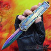 Golden Scarab D/A OTF Knife Rainbow Damascus 440c w/ Abalone - Serrated Double Edge Serrated Knife-OTF - Tophatter Daily Deals