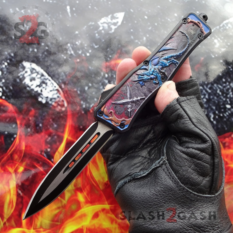 Dragon OTF Knife Automatic Switchblade - Red, Green, Blue Blue - Double Edge Plain Knife-OTF - Tophatter Daily Deals